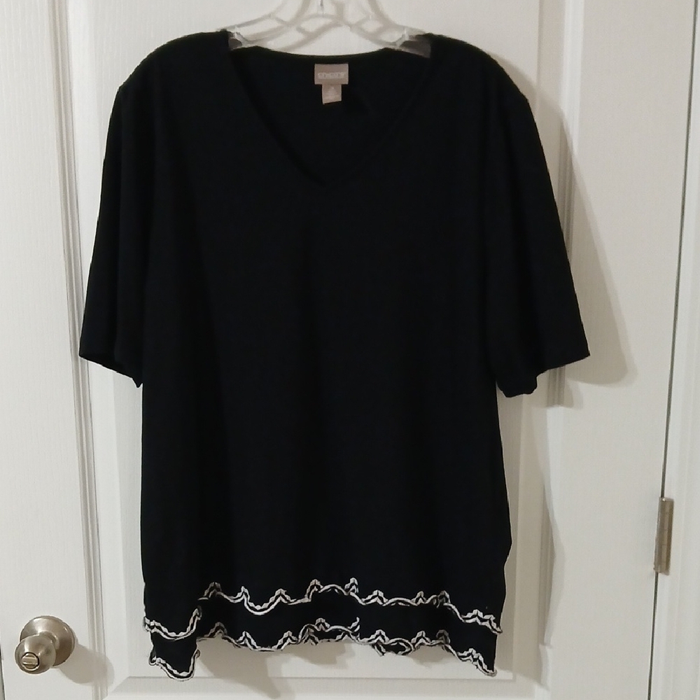 Chico's Black Short Sleeve V-Neck Top with White Ruffled Hem